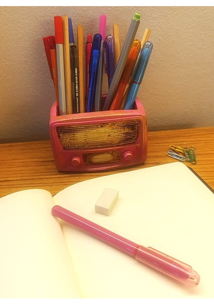 Retro Radyo Sukulent Saksısı ve Kalemlik - Masaüstü Dekoratif Organizer Pembe 12*8 modelleri