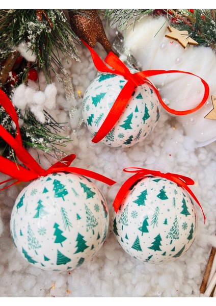 Yılbaşı Çam Ağaç Süsü Yeşil Çam Ağacı Baskılı Kırmızı Fiyonk Beyaz Top Süs 8 cm 3 Lü Paket fırsatları