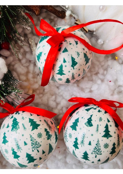 Yılbaşı Çam Ağaç Süsü Yeşil Çam Ağacı Baskılı Kırmızı Fiyonk Beyaz Top Süs 8 cm 3 Lü Paket indirimleri