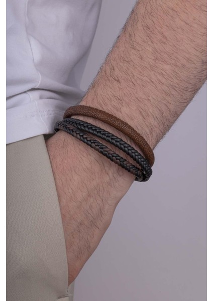 Kahve Geçişli 3 Parçalı Erkek Deri Bileklik