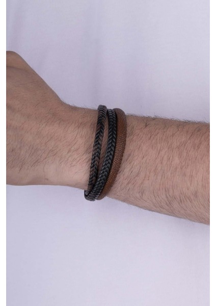 Kahve Geçişli 3 Parçalı Erkek Deri Bileklik fiyatları