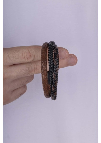 Kahve Geçişli 3 Parçalı Erkek Deri Bileklik modelleri