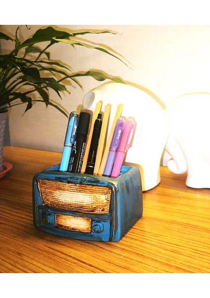 Retro Radyo Sukulent Saksısı ve Kalemlik - Masaüstü Dekoratif Organizer Mavi 12*8 fırsatları