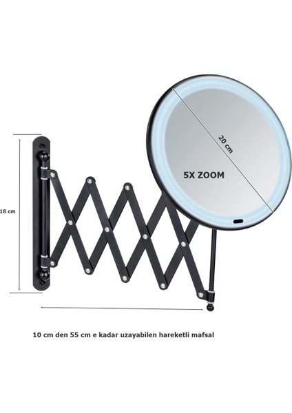 Mafsallı Ayarlanabilir LED Makyaj Aynası 5x Zoom Siyah fiyatları