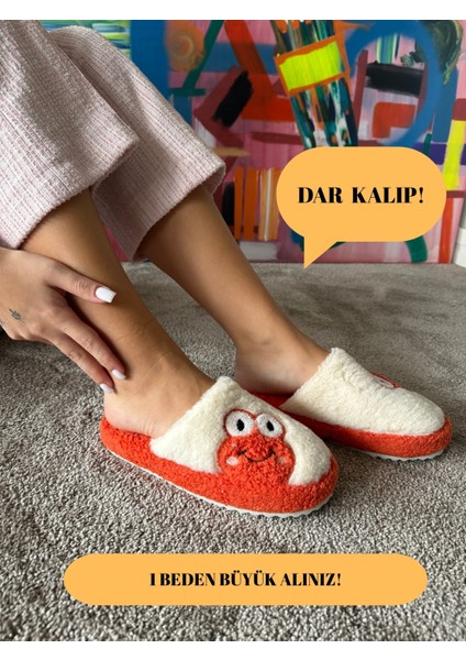 Kadın Sessiz Taban Yumuşak ve Hafif Kurbağa Desenli Peluş Ev Terliği