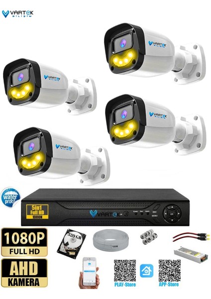 4`lü 5mp Full Hd 1080P Atom Ledli Güvenlik Kamera Seti Gece Renkli Tak Çalıştır Ip Gerektirmez