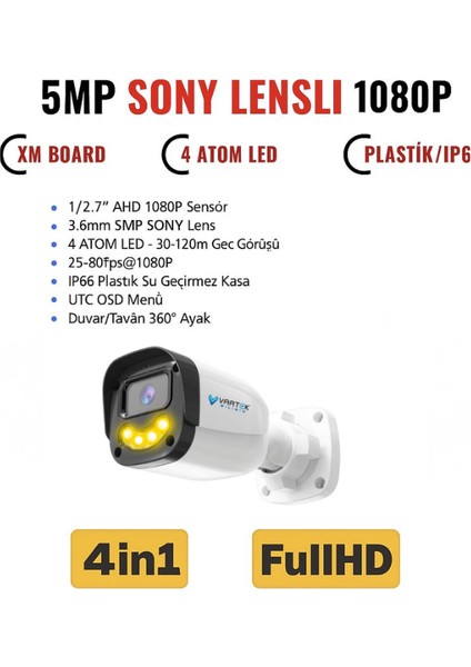 4`lü 5mp Full Hd 1080P Atom Ledli Güvenlik Kamera Seti Gece Renkli Tak Çalıştır Ip Gerektirmez fiyatları