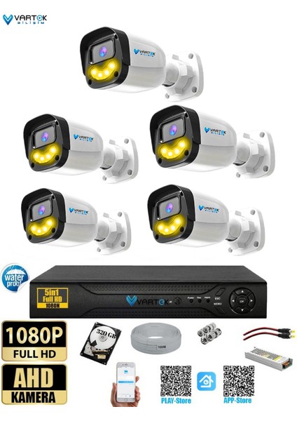 5`lı 5mp Full Hd 1080P Atom Ledli Güvenlik Kamera Seti Gece Renkli Tak Çalıştır Ip Gerektirmez