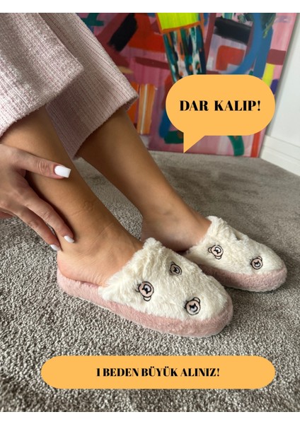Kadın Sessiz Taban Yumuşak ve Hafif Ayıcık Desenli Peluş Ev Terliği