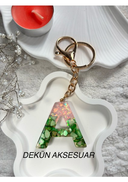 A Harfi Epoksi Yeşil El Yapımı Anahtarlık