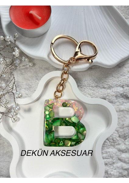 B Harfi Epoksi Yeşil El Yapımı Anahtarlık