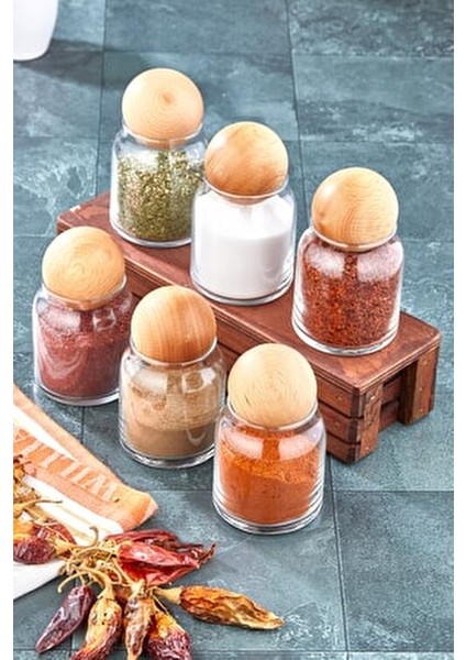 6'lı Cam Kavanoz Seti 300 ml Ahşap Kapaklı 9 cm Boyutuyla Sofra Sunumuna Uygun