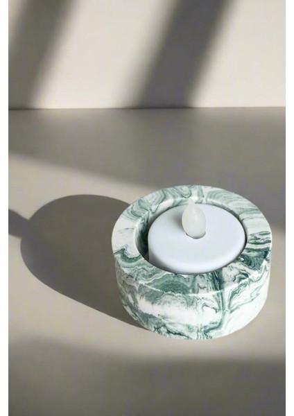 El Yapımı Mermer Desenli Yeşil Beton Tealight Mumluk | Minimal Dekoratif Mumluk 3 Adet