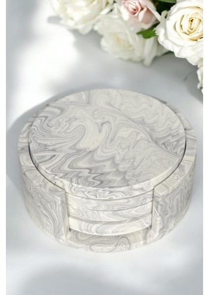 Modern Mermer Desenli 4’lü Beton Bardak Altlığı & Organizer | Minimalist Dekoratif Altlıklar