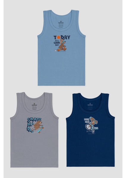 Erkek Çocuk Pamuklu Bisiklet Yaka Baskılı Atlet Tişört 3'lü Paket 2526 Renkli