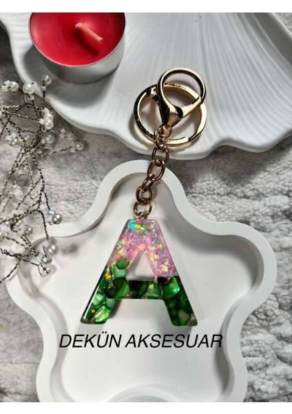 A Harfi Epoksi Yeşil El Yapımı Anahtarlık