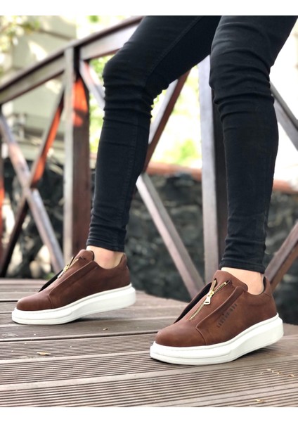 ET0310 Kalın Yüksek Taban Fermuarlı Taba Beyaz Erkek Ayakkabı