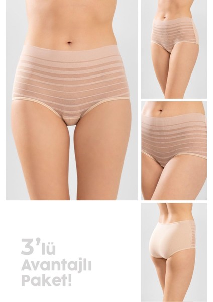 Kadın Yüksek Bel Pamuklu Transparan Detaylı Bato Külot 3'lü Paket 8261 Ten Rengi