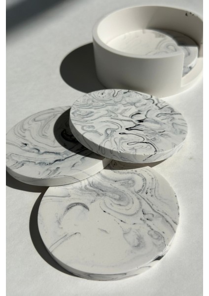 Modern Mermer Desenli 4’lü Beton Bardak Altlığı & Organizer | Minimalist Dekoratif Altlıklar