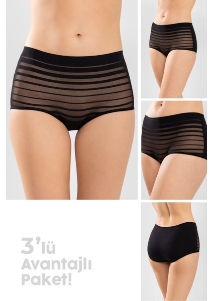 Kadın Yüksek Bel Pamuklu Transparan Detaylı Bato Külot 3'lü Paket 8261 Siyah