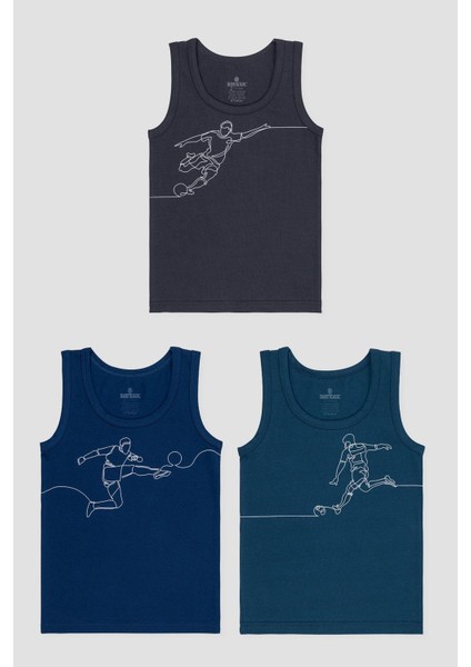 Erkek Çocuk Pamuklu Bisiklet Yaka Baskılı Atlet Tişört 3'lü Paket 2518 Renkli