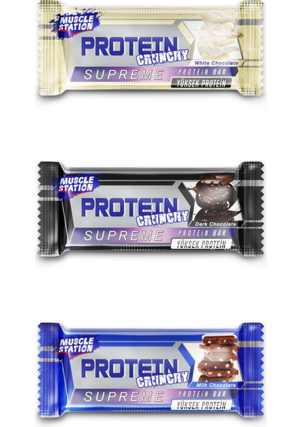 Musclestation Supreme Crunch Protein Bar Karma Paket (12 x 40 Gr, Sütlü Çikolata, Bitter Çikolata, Beyaz Çikolata)