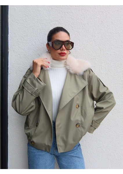 Kürk Yaka Bel Lastikli Trench