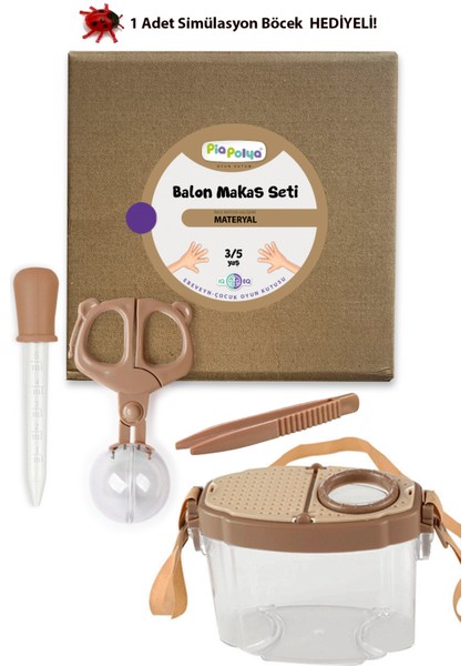 Balon Makas Seti | Ince Motor Gelişimi | Materyal | Kahverengi | Büyüteçli Gözlem Kutusu | Cımbız