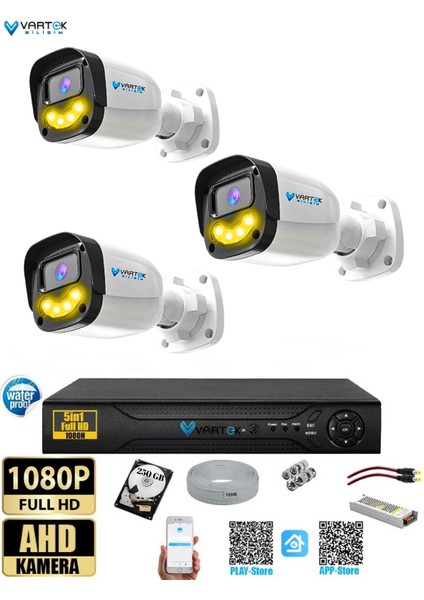 3`lü 5mp Full Hd 1080P Atom Ledli Güvenlik Kamera Seti Gece Renkli Tak Çalıştır Ip Gerektirmez
