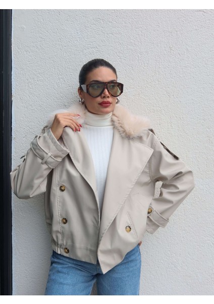 Kürk Yaka Bel Lastikli Trench