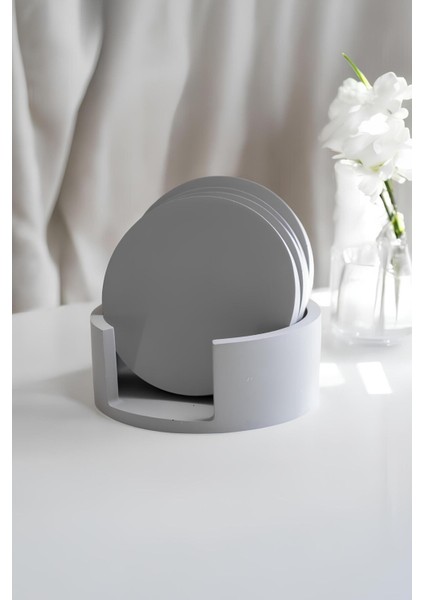 Beton Gri 4’lü Bardak Altlığı Seti ve Stand | Minimalist Modern Dekoratif Beton Altlık Takımı