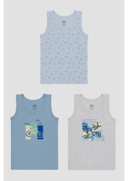 Erkek Çocuk Pamuklu Bisiklet Yaka Baskılı Atlet Tişört 3'lü Paket 2524 Renkli