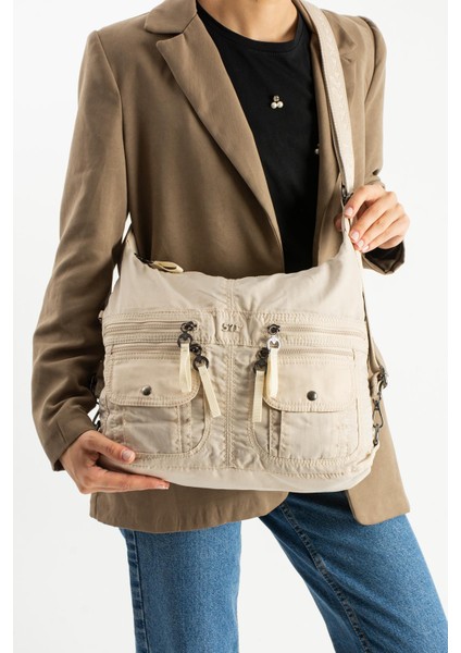 Yumuşak Dokulu Ultra Hafif, Esnek ve Su Geçirmez Polyamid Kumaş Omuz ve Sırt Çantası Bej Model: (571-13-14J)