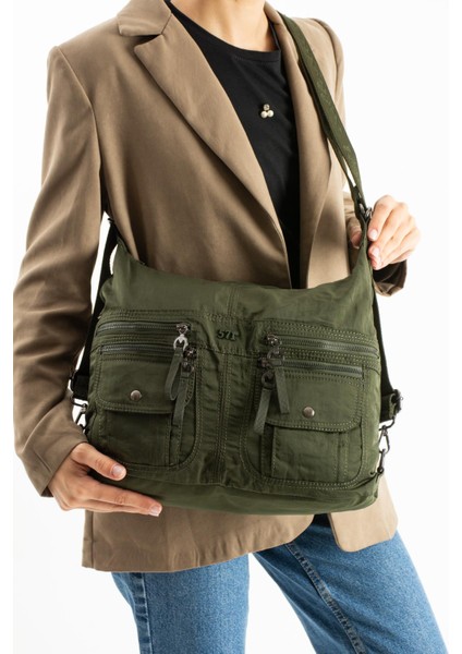 Yumuşak Dokulu Ultra Hafif, Esnek ve Su Geçirmez Polyamid Kumaş Omuz ve Sırt Çantası Koyu Yeşil Model: (571-13-14J)