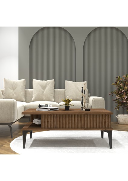 Marin Orta Sehpa , Ceviz , Çizgi Desenli , Raflı modelleri