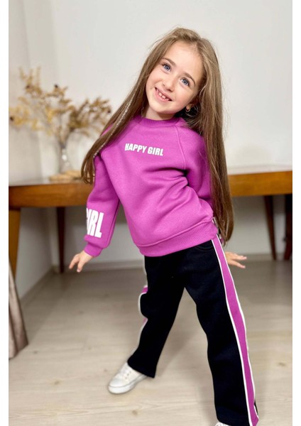 Kız Çocuk Kollarında ve Göğsünde Girl Yazı Detaylı Mor Sweat Şerit Detaylı Eşofman Takım
