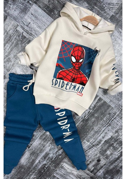 Erkek Çocuk Örümcek Adam Digital Baskılı Kapşonlu Sweat Mavi Eşofman Takım
