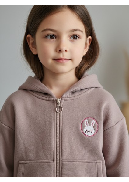 Minik Tavşan Nakışlı Fermuarlı Kapüşonlu Kız Çocuk Polar Hırka