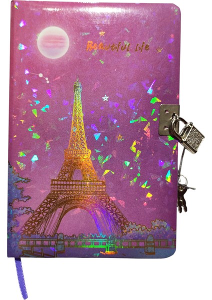 Yıldızlı Gece Hatıra Defteri (Günlük) Kilitli Defter 80 Yaprak - Paris Eyfel