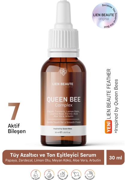 Kraliçe Arı Kompleks Tüy Azaltıcı ve Ton Eşitleyici Serum Formik Asit Papaya Zerdeçal Limon Otu