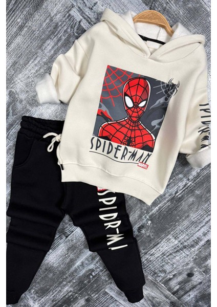 Erkek Çocuk Örümcek Adam Digital Baskılı Kapşonlu Sweat Siyah Eşofman Takım