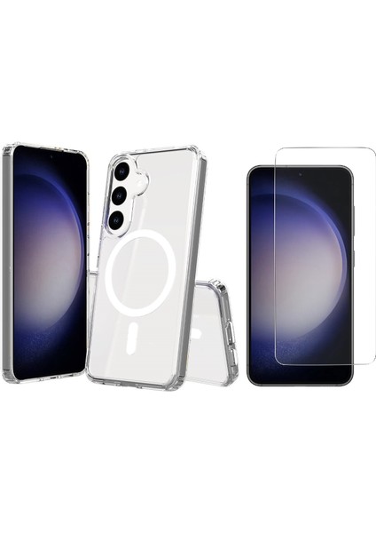 Galaxy S25 Fe Kılıf Magsafe Şarj Özellikli Şeffaf Sert Pc Zore Embos Kapak + Nano Ekran Koruyucu