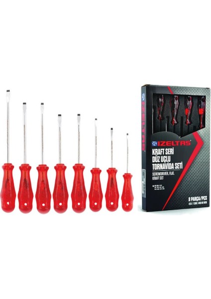 Izeltaş 4100 00 8108 Kraft Seri Düz Uçlu Tornavida Takımı (8 Parça)