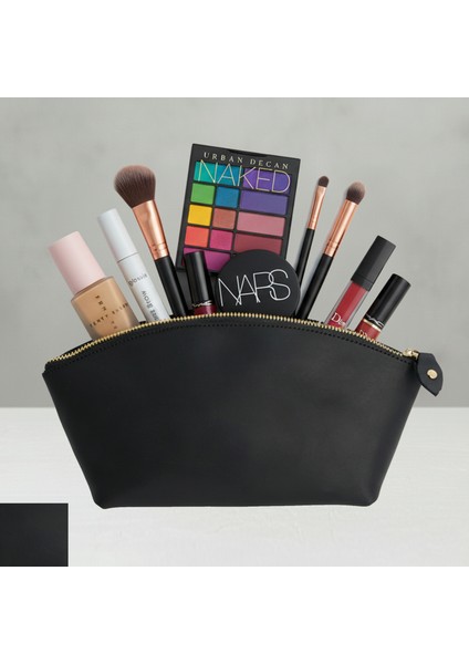 El Yapımı Siyah Hakiki Deri Makyaj Çantası | Çok Fonksiyonlu, Şık ve Dayanıklı Seyahat Kozmetik Çantası