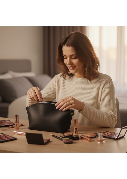 El Yapımı Siyah Hakiki Deri Makyaj Çantası | Çok Fonksiyonlu, Şık ve Dayanıklı Seyahat Kozmetik Çantası