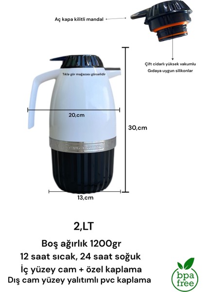 Şık Cam Termos Sızdırmaz Mandallı Kapak 12 Saat Sıcak, 24 Saat Soğuk 2lt Lüks Cam Termos fırsatları