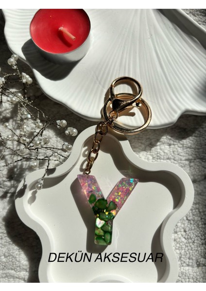 Y Harfi Epoksi Yeşil El Yapımı Anahtarlık