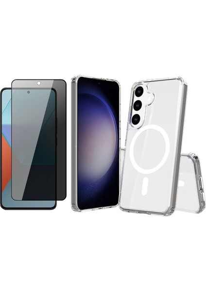 Galaxy S25 Fe Kılıf M-Safe Şarj Özellikli Şeffaf Sert Pc Zore Embos Kapak + Hayalet Ekran Koruyucu