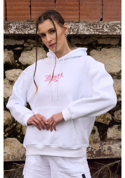 Kadın Nakış Detaylı Kapüşonlu Sweatshirt Beyaz