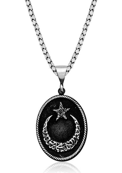 925 Ayar Gümüş Kelime-I Tevhid Yazılı Ay Yıldız Erkek Kolye